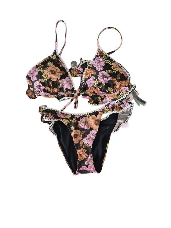 Victoria's Secret Other - Victoria's Secret Black Floral Ruffle Bikini - Pink & Tan Flowers